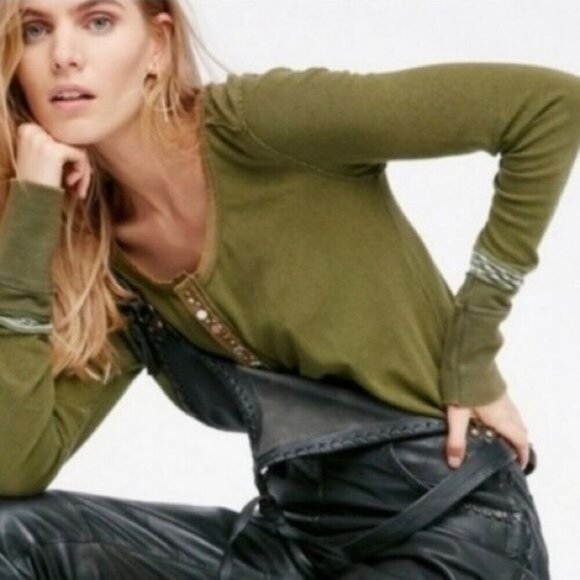 Free People Tops - Free People Olive Green Long Sleeve Relaxed Henley Top | Boho Cottagecore Indie